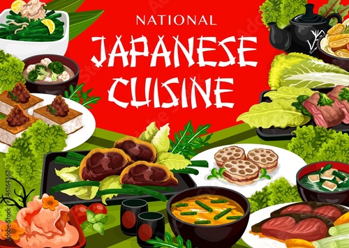 Japanese cuisine food, vector restaurant menu with traditional dishes of Japan. Japanese national meals, dinner and lunch, sushi and seafood, fish and meat, soups, salads and drinks photo