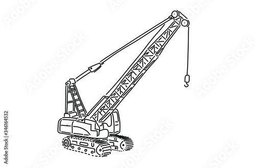 Crane at a construction site on the white background in doodle hand drawn