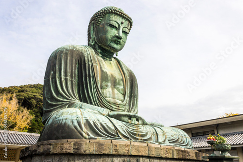 Kamakura, Japan. Views of the Great Buddha (Daibutsu), large bronze statue representing Amida Buddha (Amitabha) in Kotoku-in Buddhist temple