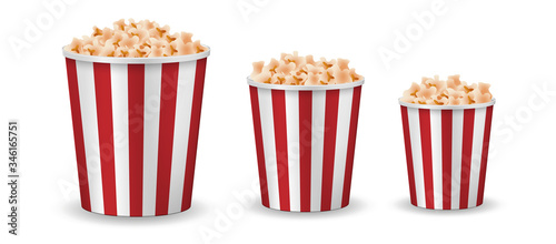 Realistic popcorn mockup isolated. Vector red striped pop corn box side view. vector illustration