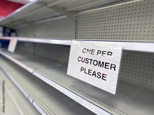 A view of empty sanitizing product shelves at a department store during the Coronavirus pandemic of 2020.