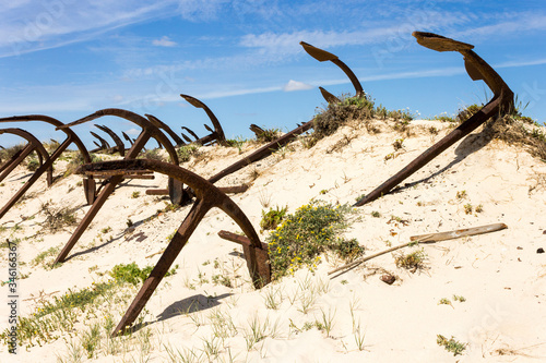 Tavira, Portugal. The Cemiterio das Ancoras (Anchor Cemetery), a major landmark in Praia do Barril beach in Ilha de Tavira island