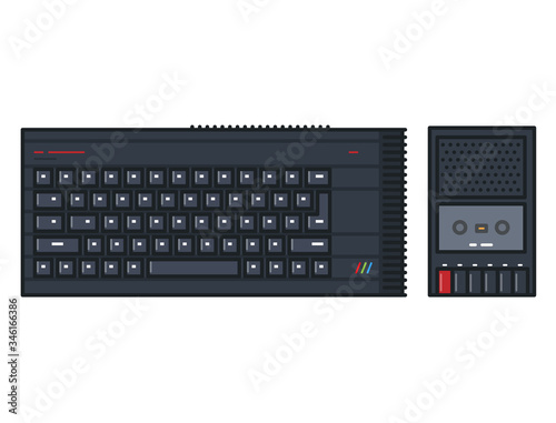 Retro 80s computer with keyboard and cassette player. Line style outline vector. Black keyboard and white abstract letters. Retro style keypad and basic computer. 