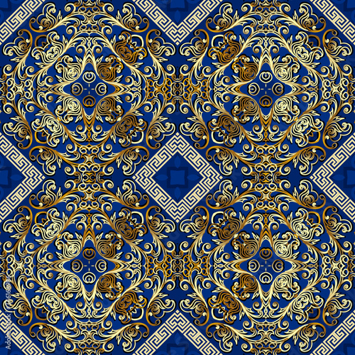 Lacy gold swirls vector seamless pattern. Ornamental floral background. Arabesque ethnic greek style repeat backdrop. Vintage flowers. Golden lace swirl ornaments. Greek key meanders rhombus frames