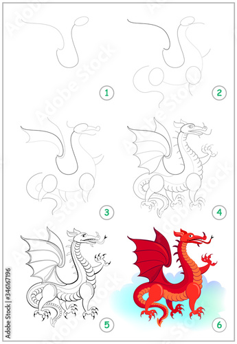 Page shows how to draw step by step cute red dragon from fairyland. Developing children skills for drawing and coloring. Printable worksheet for kids school exercise book. Flat vector illustration.