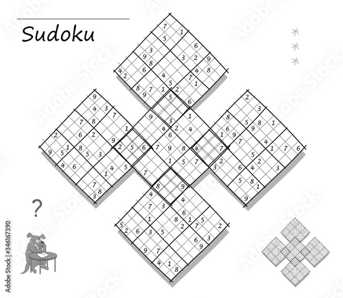 Logic diagonal Sudoku game for children and adults. Big puzzle with 5 squares, difficult level. Printable page for kids brain teaser book. Developing counting skills. IQ test. Black and white vector.