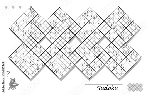 Logic Sudoku diagonal game for children and adults. Big puzzle with 8 squares, difficult level. Printable page for kids brain teaser book. Developing counting skills. IQ test. Black and white vector.