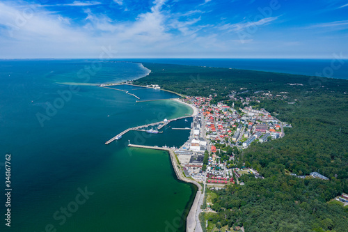 Aerial view of Hel Peninsula in Poland, Baltic Sea and Puck Bay (Zatoka Pucka) Photo made by drone from above.