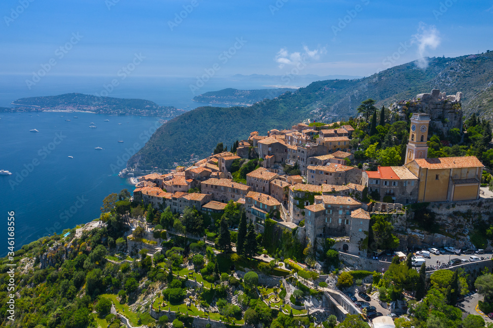 Aerial view of medieval village of Eze, on the Mediterranean coastline landscape and mountains, French Riviera coast, Cote d'Azur. France.