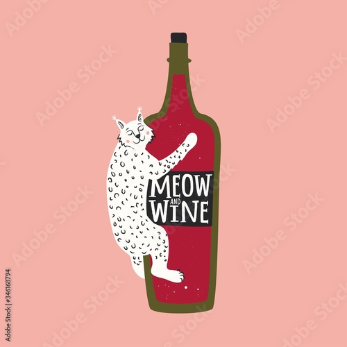 Vector illustration with white lynx and lettering phrase. Meow and wine.