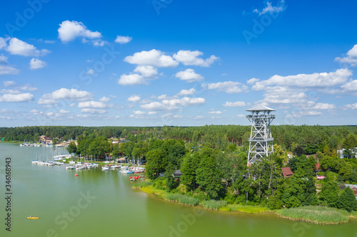 Aerial view of Wdzydze Landscape Park. Kashubian Landscape Park. Kaszuby. Wdzydze Kiszewskie. Poland. Bird eye view.