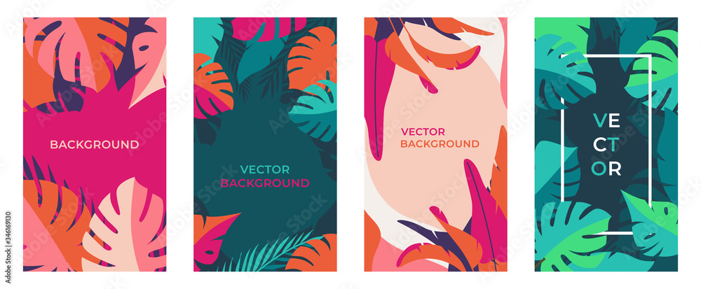Vector set of abstract backgrounds with copy space for text - bright vibrant banners, posters, cover design templates, social media stories wallpapers with tropical leaves 