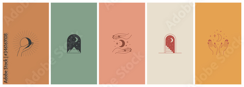 Vector set of abstract logo design templates in simple linear style - hands and stars - mystic abstract symbols for social media stories highlights and posts