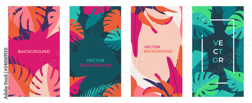 Vector set of abstract backgrounds with copy space for text - bright vibrant banners, posters, cover design templates, social media stories wallpapers with tropical leaves 