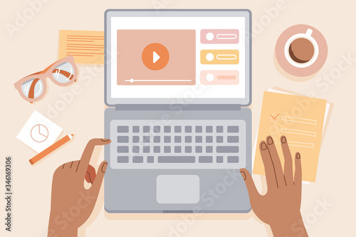 Stay at home, study and work remotely. Coronavirus quarantine. Vector illustration in flat simple style - top view, hands, desk with laptop with video class and conference 