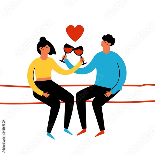 Vector illustration with sitting couple of man and woman drinking red wine together.