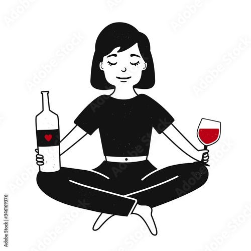 Vector illustration with relaxed sitting woman holding bottle and glass of red wine.