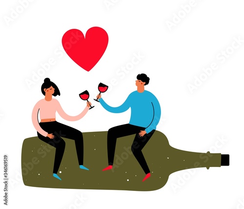 Canvas Print Vector illustration with couple of man and woman drinking red wine together