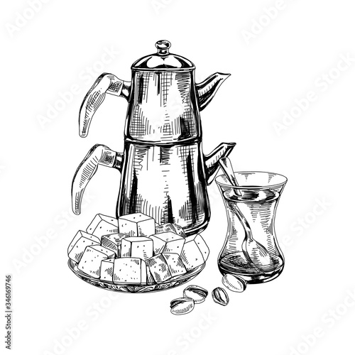 Turkish tea and oriental sweets, retro hand drawn vector illustration.