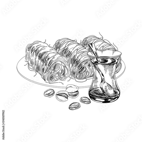 Turkish tea and oriental sweets, retro hand drawn vector illustration.