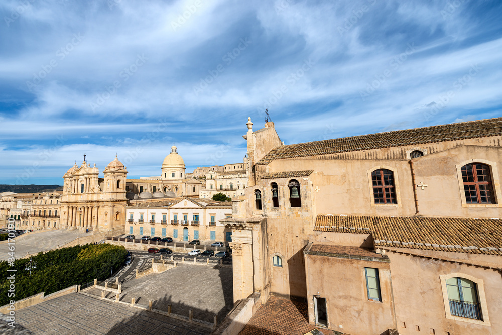 Cityscape of Noto with the Cathedral of San Nicolò and the Monastery of San Salvatore. Siracusa province, Sicily island, Italy, Europe