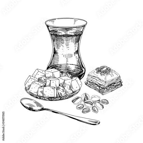Traditional glass of turkish tea and oriental sweet desserts, retro hand drawn vector illustration.