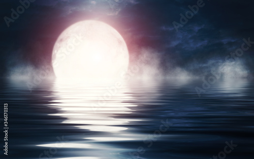 Background night landscape. The night sky  the full moon. Reflection of the moon on the water.