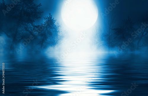 Background night landscape. The night sky, the full moon. Reflection of the moon on the water. © Laura Сrazy