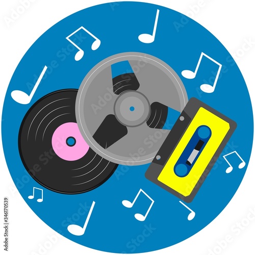 Vector graphics, retro set of audio storage media with notes. Flat design.