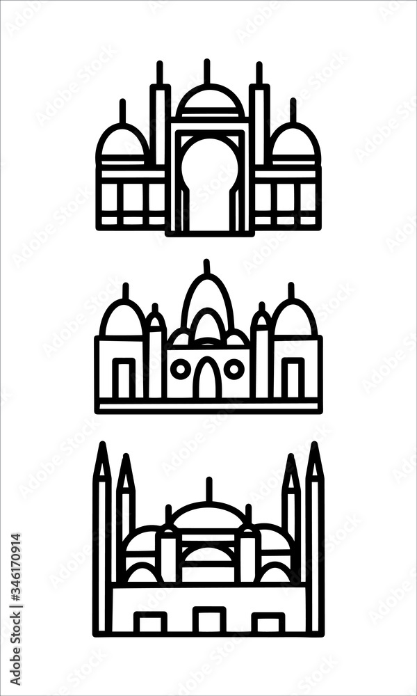 Set of 3 mosque line art icon. Use for islamic event like ramadan kareem and eid mubarak or for pictogram assets. Mosque line art vector for islamic sign, symbol, icon, or logo