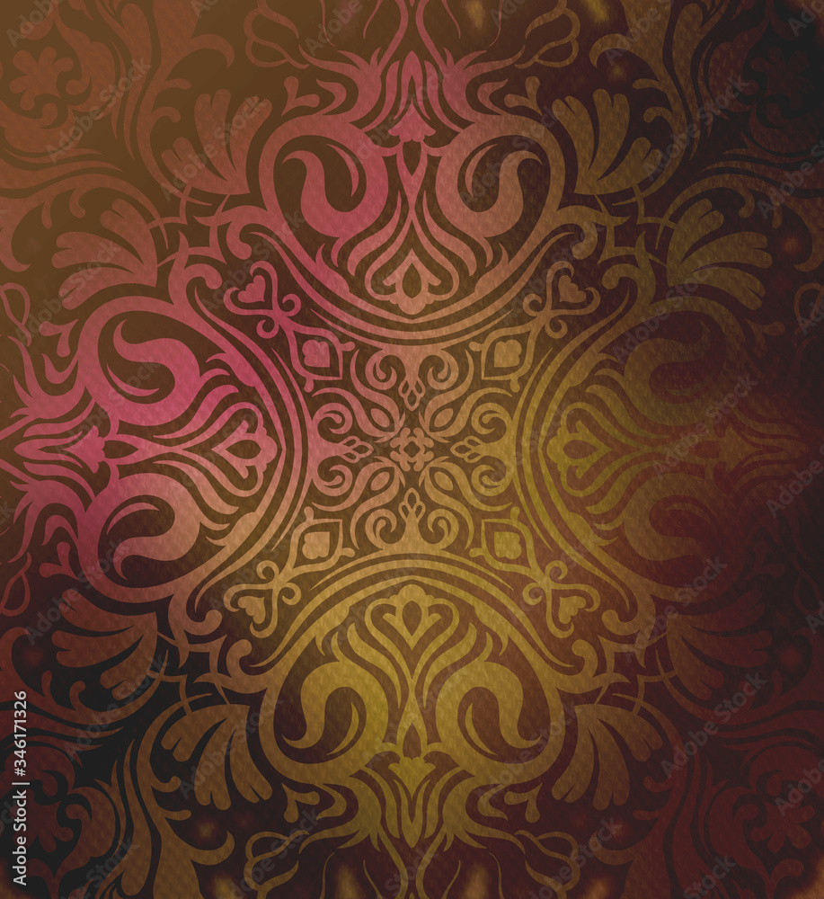 Mandala wallpaper, tracery round boho style. Ethnic ornament background. Folk, meditation design. Colored curved shape.

