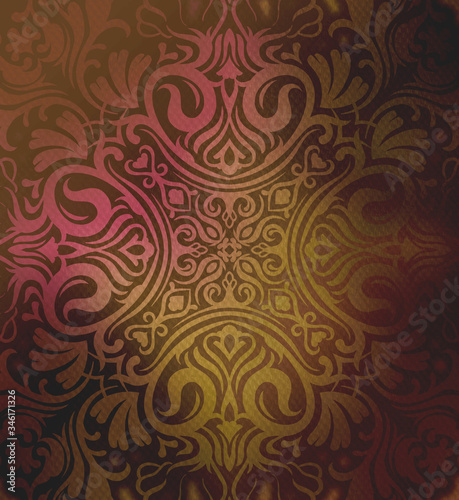 Mandala wallpaper, tracery round boho style. Ethnic ornament background. Folk, meditation design. Colored curved shape. 