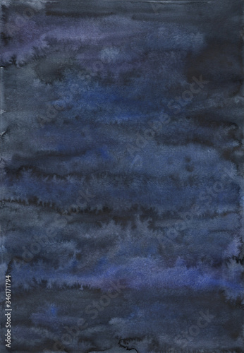 Dark blue background. Watercolour texture with overflows of paint. Creative paint fill. Rectangular stock image.