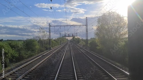 Timelapse of railway from train. rear view from train on railroad in nature during the spring.