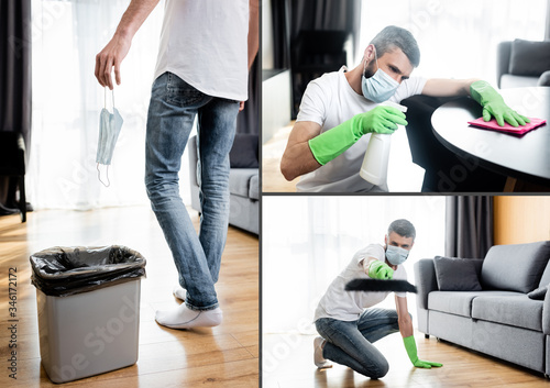 Collage of man holding medical mask near trash can, cleaning table and holding broom at home