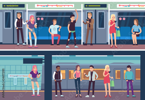 People inside subway. Public transport underground station. Metro platform and train with female and male passengers vector concept