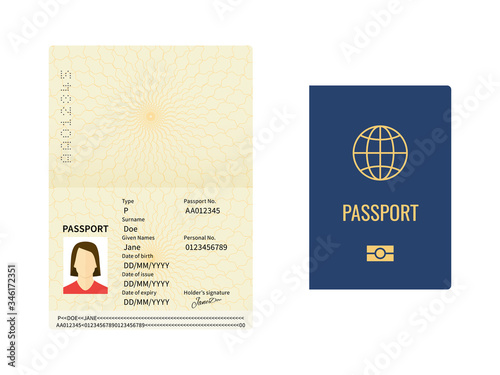 International passport template. Closed and open document for travel, identity pages with female photo, sample data and signature vector set