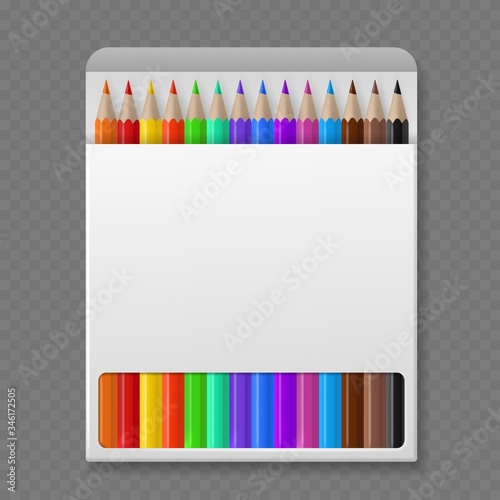Color pencil in box. Wooden colored crayons in packaging mockup, stationery tools, realistic boxes with colored pencils vector template