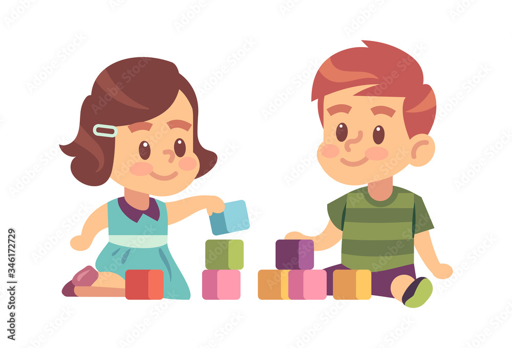 Boy and girl play cubes. Friendly children building from blocks on floor, vector kids characters education concept