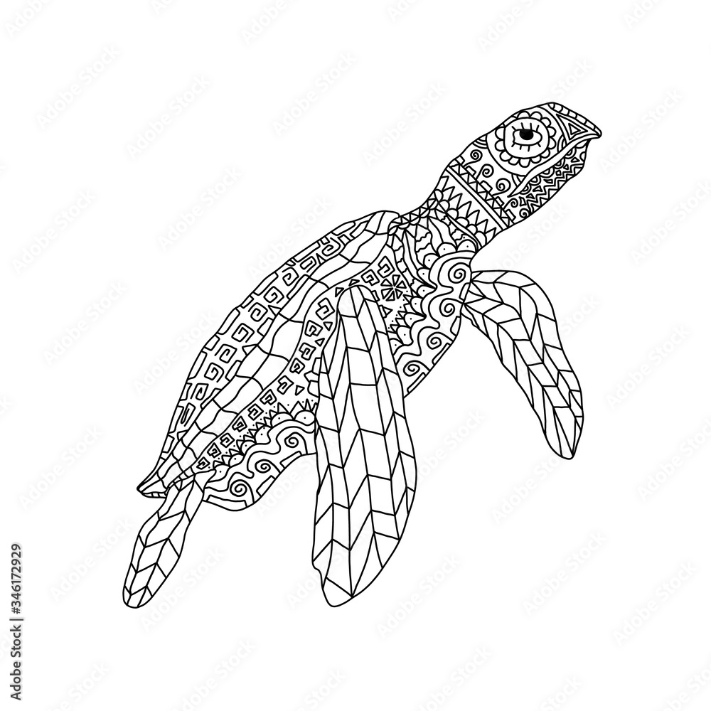 Fototapeta premium Stylized tortoise coloring book on isolated white background. Anitstress and development for children and adults. Zentangle style. Print on fabric, clothes, tattoo. Vector stock illustration.