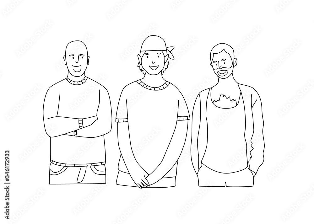 Group of young men standing on white background. Doodle vector illustration Group of young men standing on white background. Doodle vector illustration