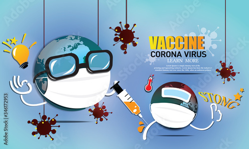 The cartoon globe in the style of the doctor is holding the vaccine and the syringe. He is vaccinating for the small globe that is sick with the corona virus.He will come back strong.illustration