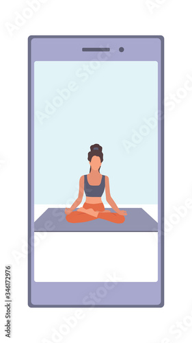 A girl trainer is meditating in a mobile phone application. Vector flat illustration of yoga workout, sports activity, keeping calm at home by the application or online platform, program