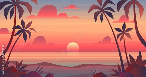 Fototapeta Naklejka Na Ścianę i Meble -  Sea sunset. Evening or morning view of sun above ocean. Panorama with clouds, water surface and palm trees, exotic cartoon vector landscape