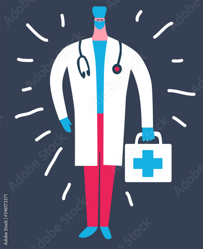hand drawn vector illustration. Professional physician, general practitioner cartoon character. Funny picture of doctor in facial mask and gloves.