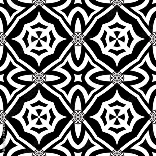 Black and white arabic style vector seamless pattern. Geometric arabesque background. Repeat symmetry backdrop. Greek key meander tribal ornament. Floral modern design with abstract flowers, shapes