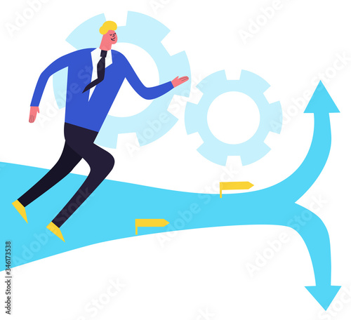 Project pivot concept illustration of businessman running to fork. Funny flat cartoon style.