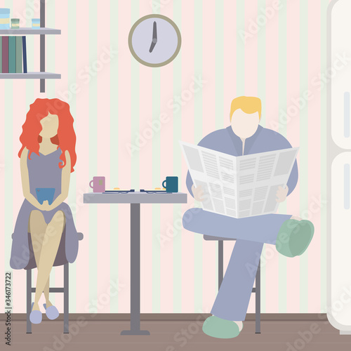 During breakfast, a man and a woman watch the news. A man watches news in a newspaper, a girl on the phone.