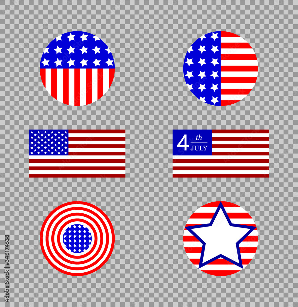 USA. Happy independens day. 4th of July, Banner, National Flag. Set of flags on transparent background. Vector illustration USA. Happy independens day. 4th of July, Banner, National Flag. Set of flags on transparent background. Vector illustration