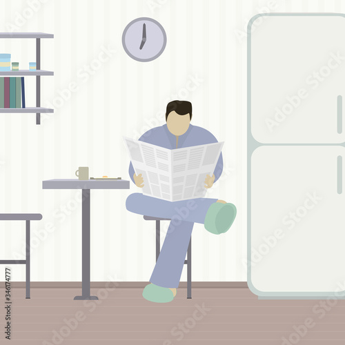 A man reads the news at a wholesome breakfast..A man reads the news in a newspaper in the kitchen during breakfast, background.